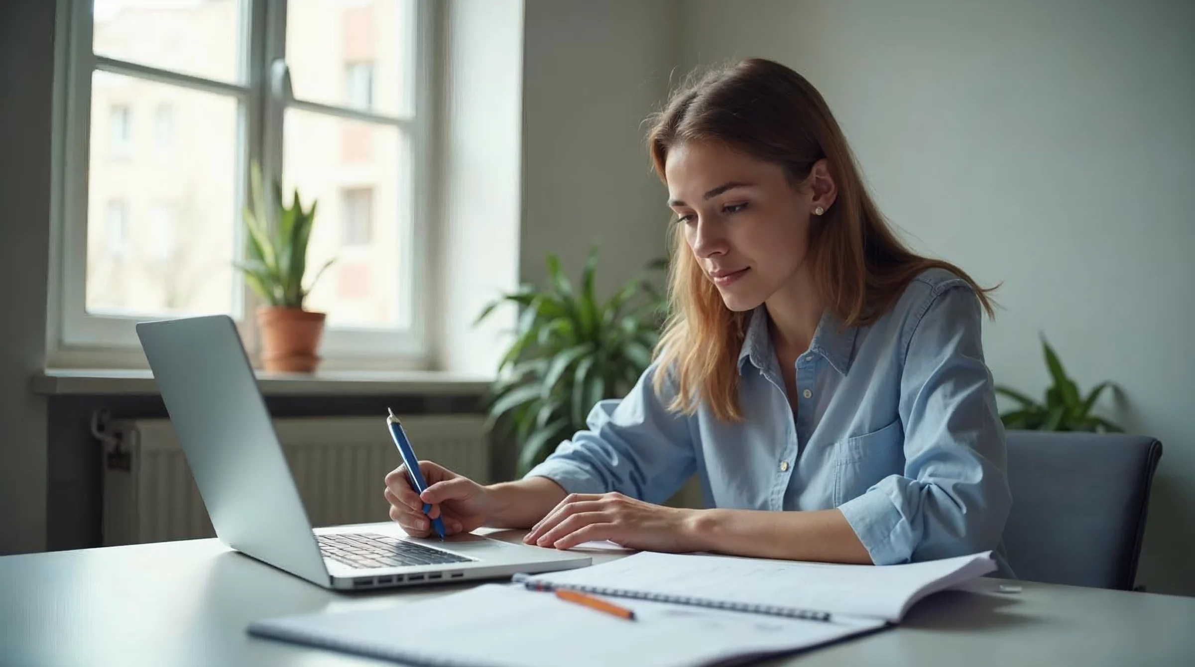 Étudiant en train de préparer calmement sa candidature en alternance avec des documents organisés sur une table.