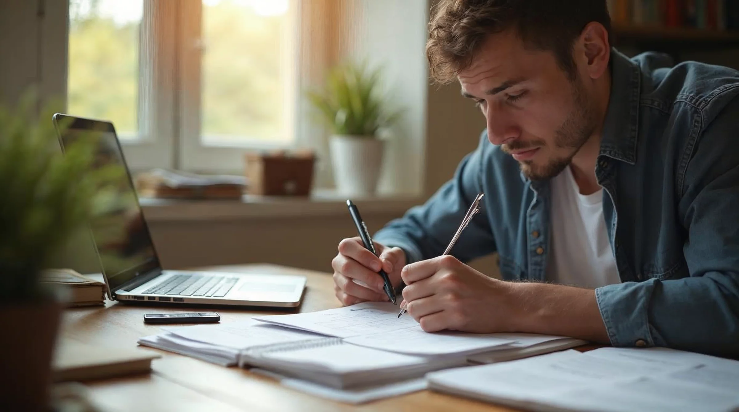 Étudiant en alternance en train de réfléchir à la formulation de la problématique de son rapport avec des notes et des documents de travail.