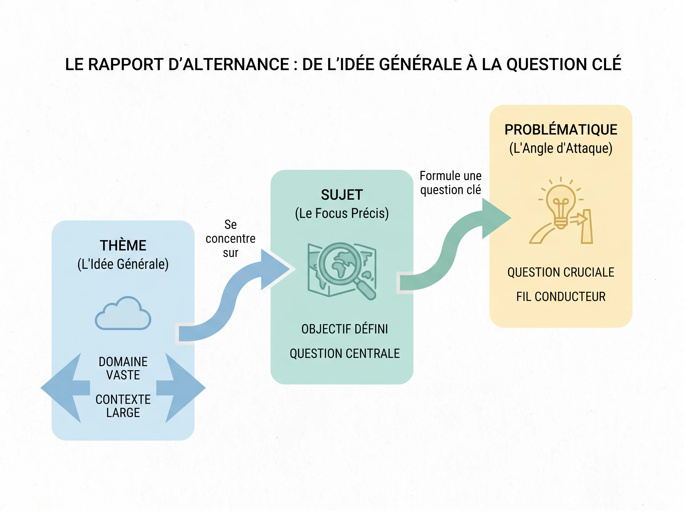 Schéma simple qui distingue le thème, le sujet et la problématique dans un rapport d'alternance.
