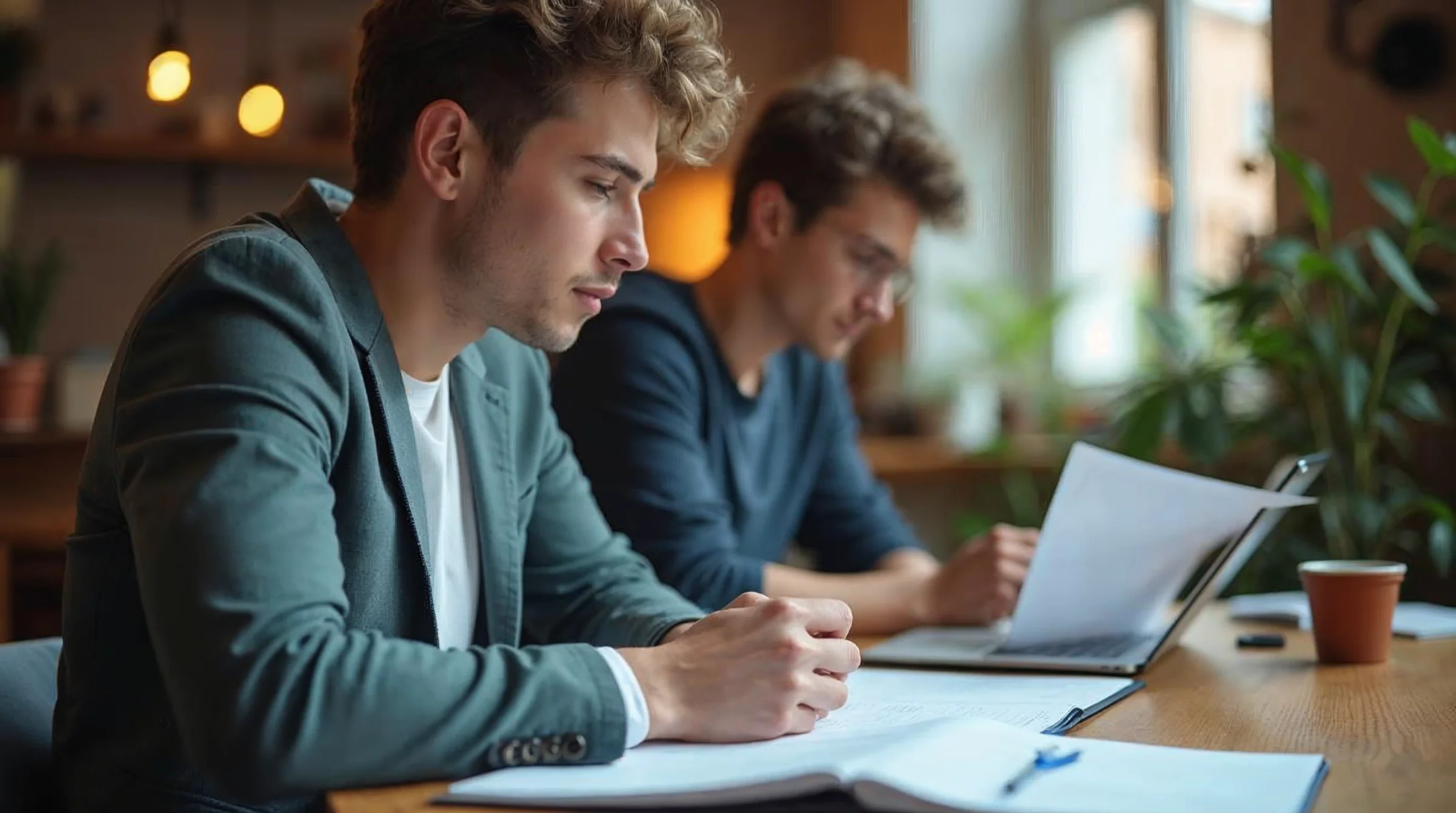 Candidat en alternance qui vérifie des informations sur une formation avec des documents et un ordinateur