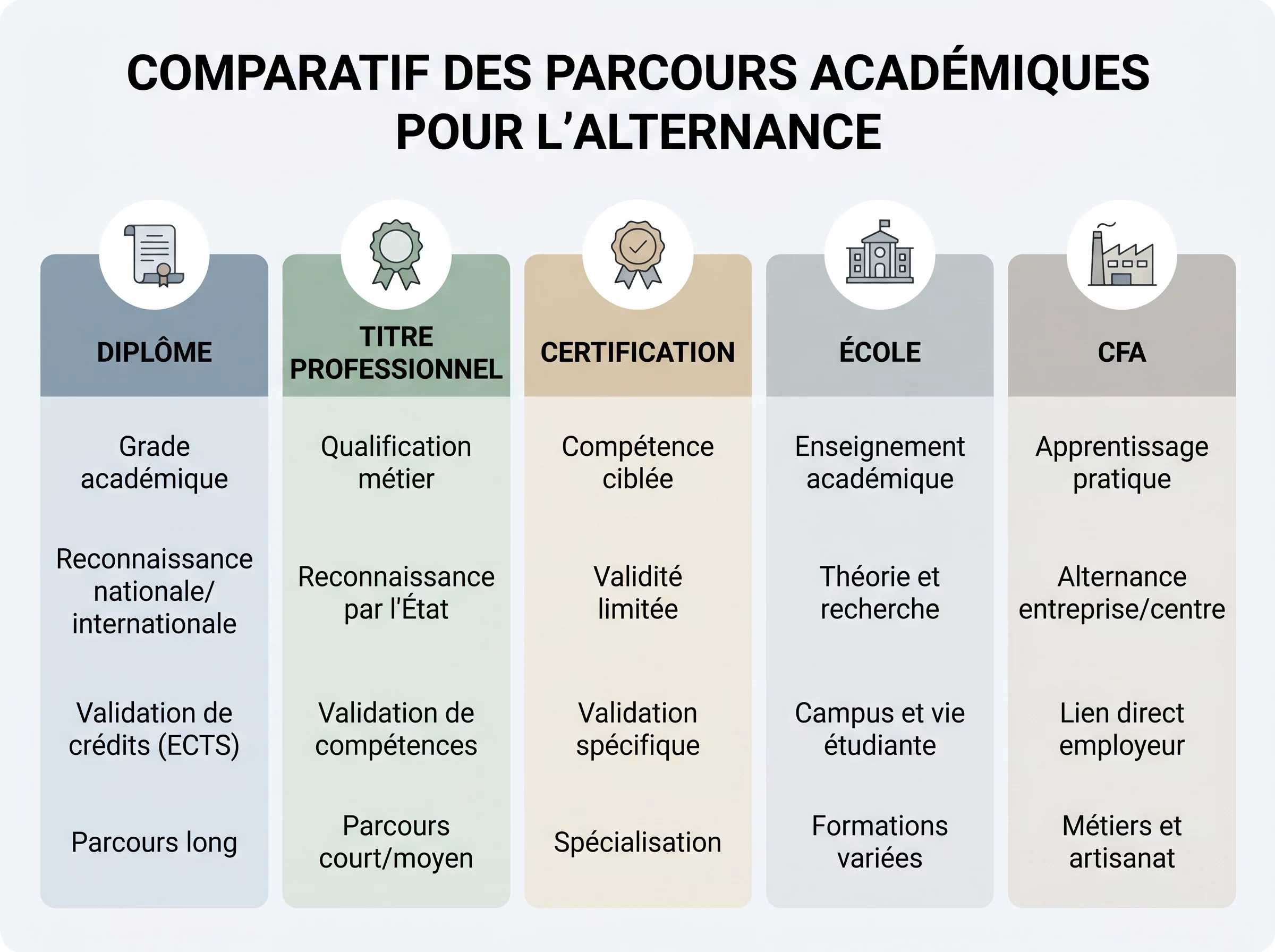 Comprendre les différences entre diplôme, titre, certification, école et CFA Schéma comparatif montrant les différences entre diplôme, titre professionnel, certification, école et CFA