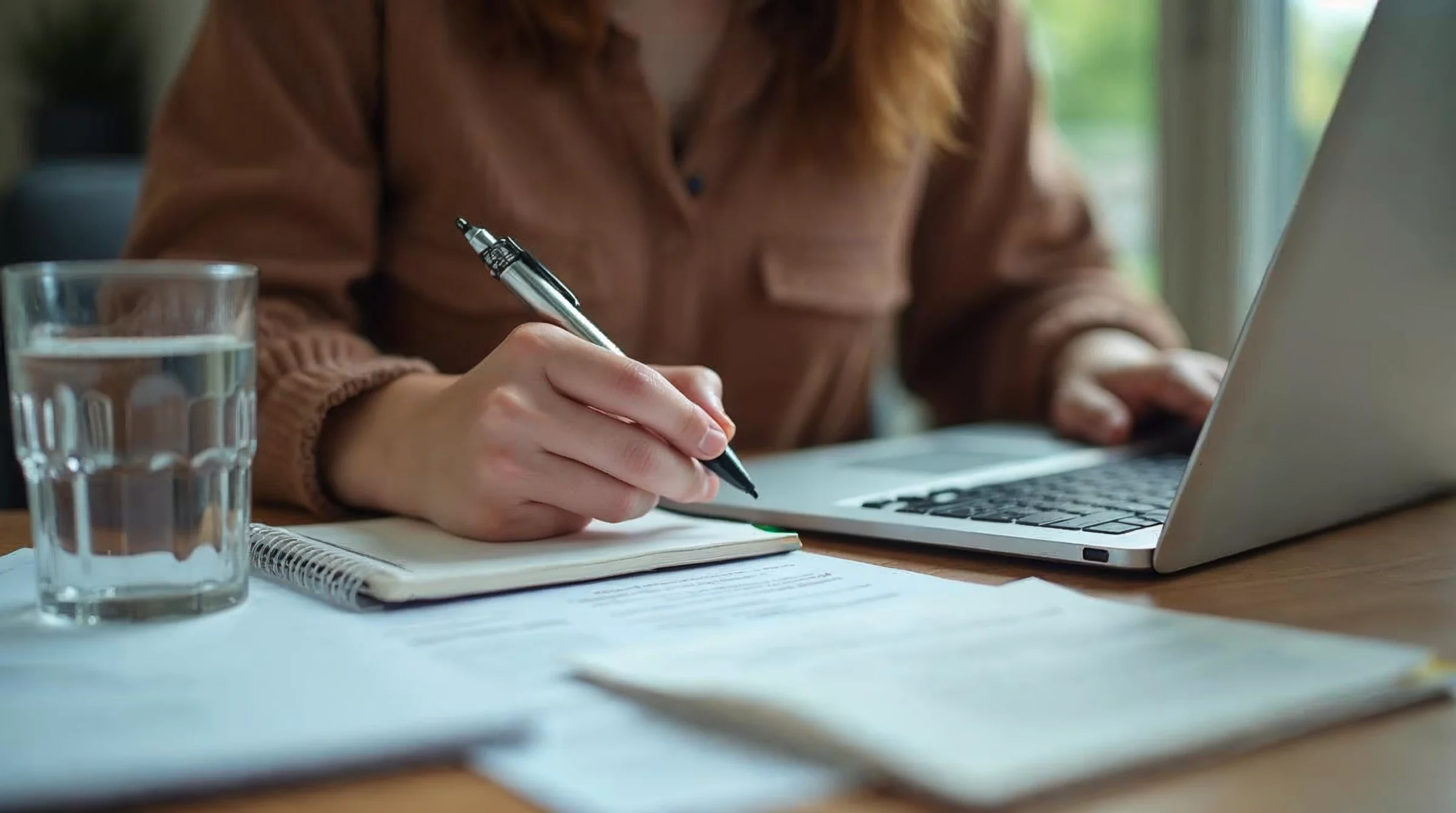 Candidat en alternance qui prépare calmement son entretien avec des notes et un CV sur un bureau.