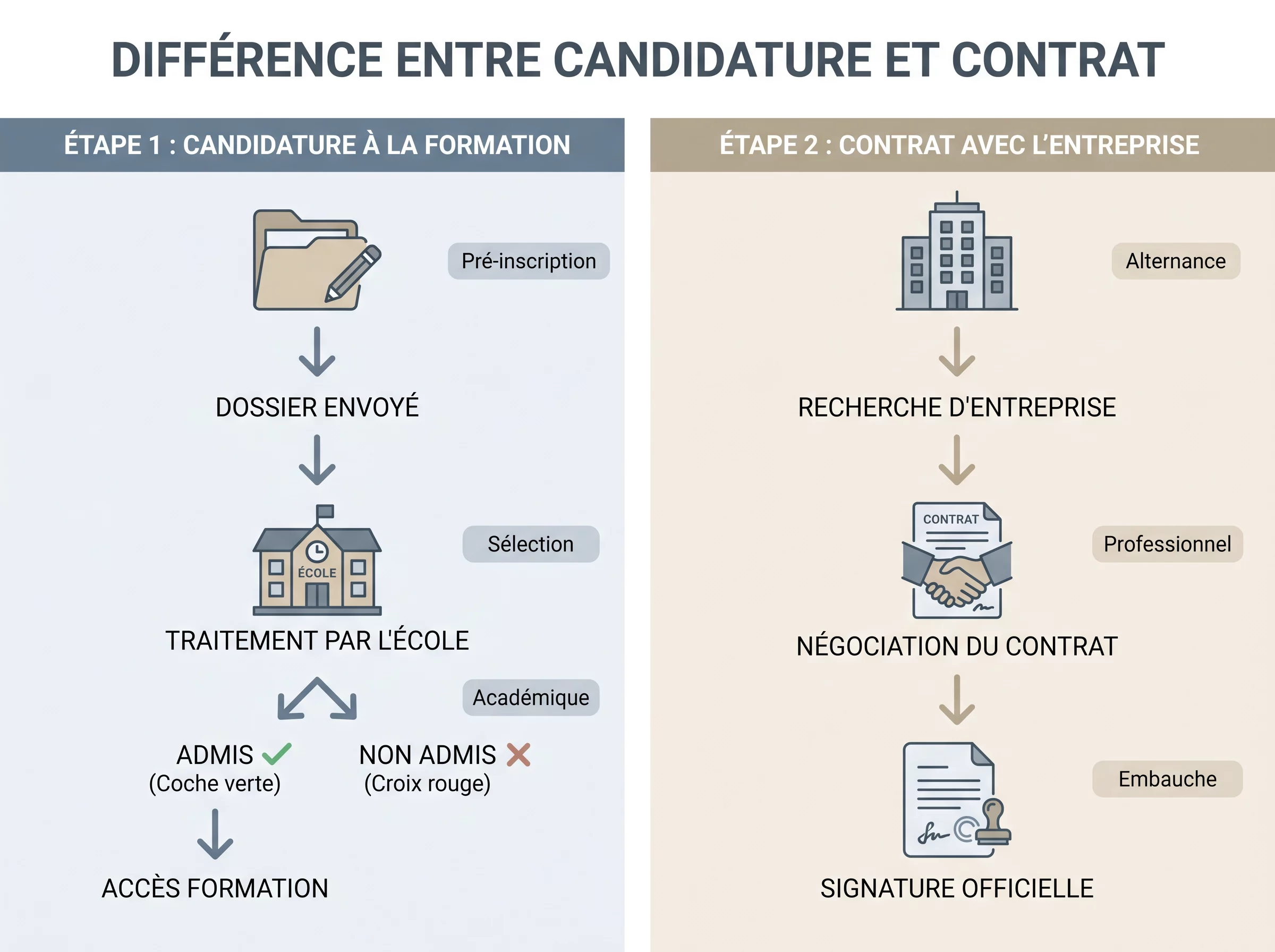 Schéma simple montrant la différence entre la candidature à une formation en alternance et la signature du contrat avec une entreprise