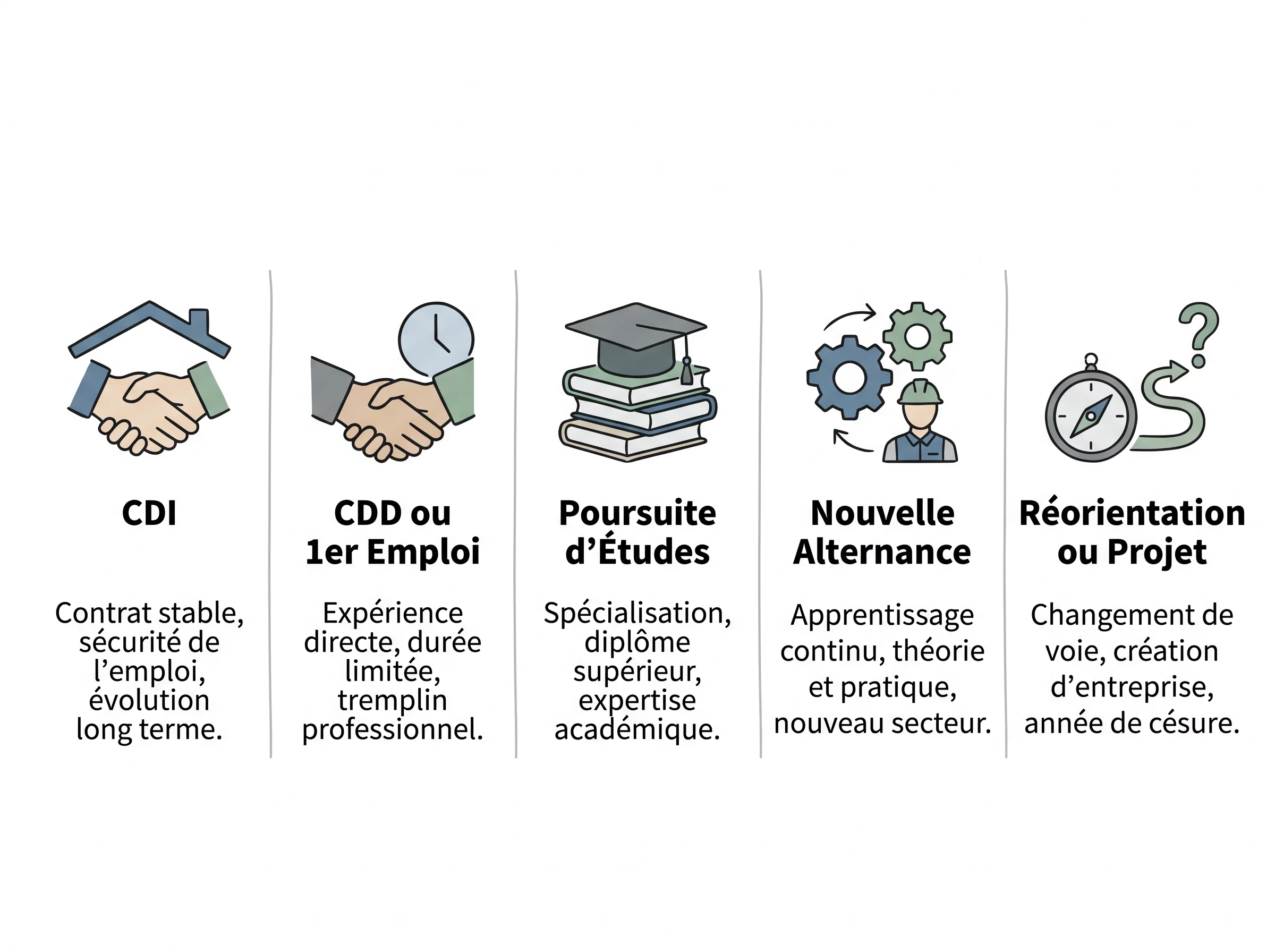 Infographie comparant les principales options possibles après une alternance.