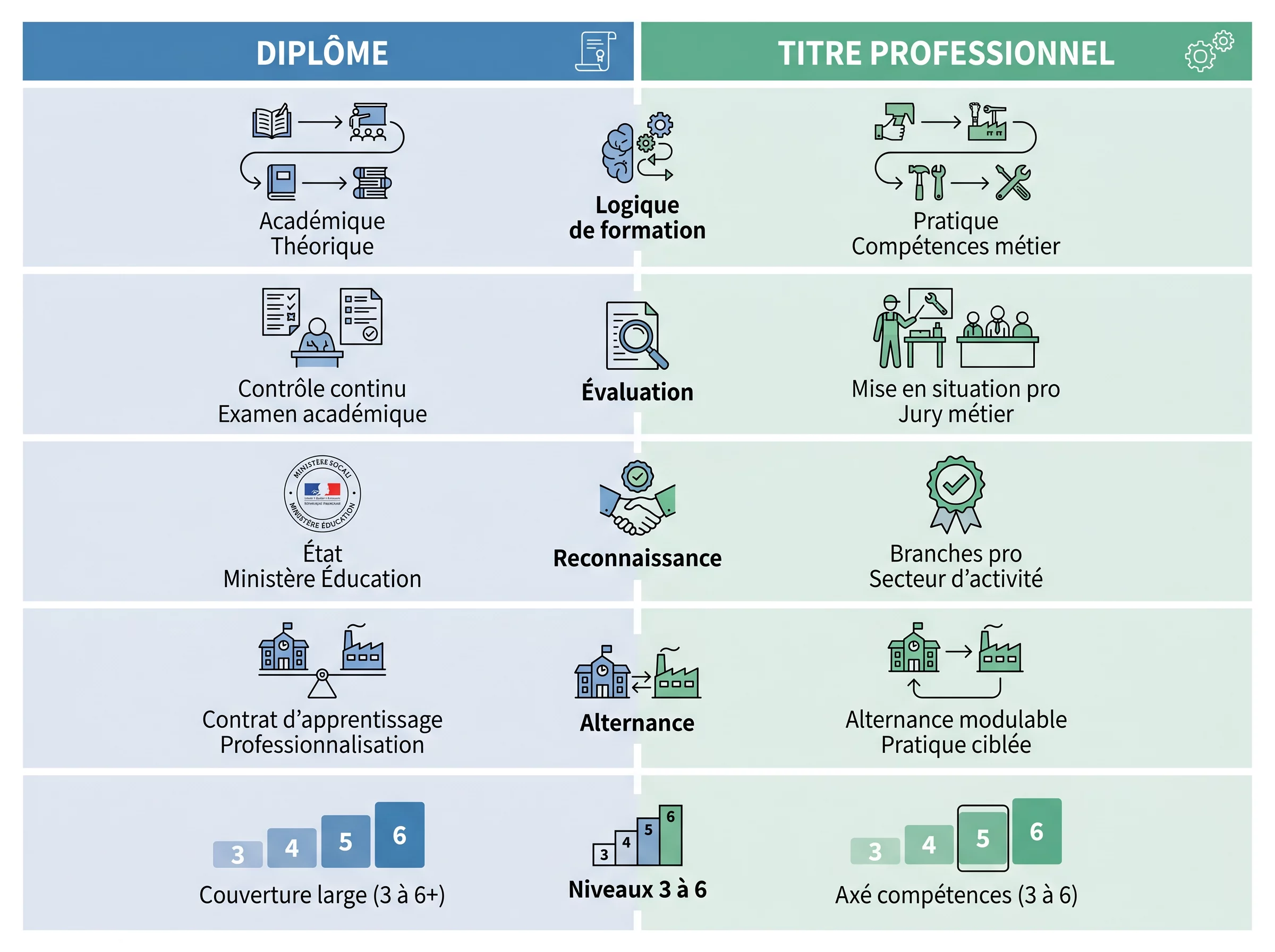 Tableau comparatif simple entre diplôme et titre professionnel pour une formation en alternance.